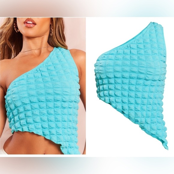 NWT PrettyLittleThing Popcorn Textured One Shoulder Asymmetric Hem Crop Top - 6 - Picture 11 of 11
